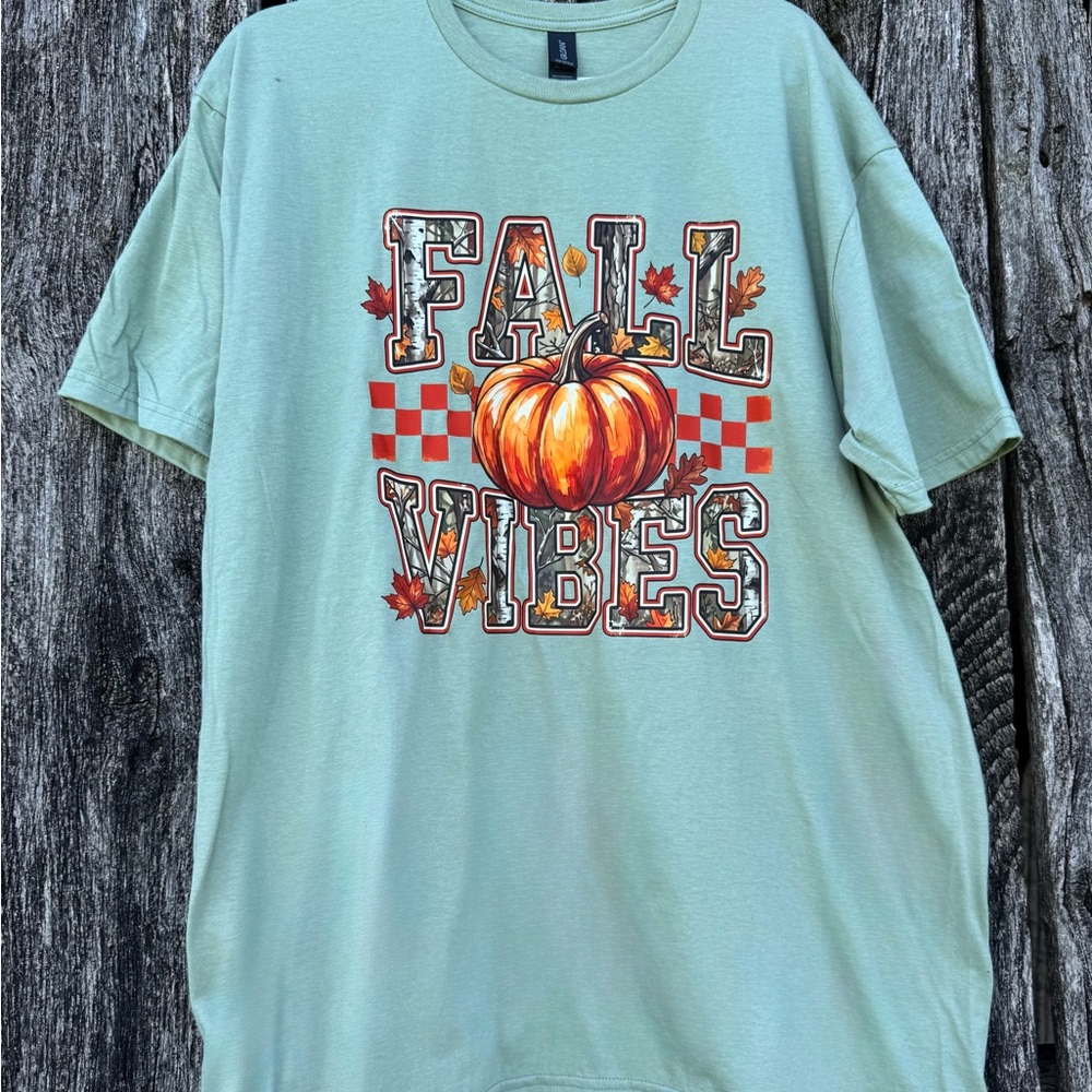 New Gildan Fall Vibes Pumpkin Graphic Tee - sage green unisex